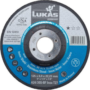 Tarcza ścierna T27 do stali nierdzewnej 230×6 mm z wgłębionym środkiem | do szlifierki kątowej | A24/30S-BF