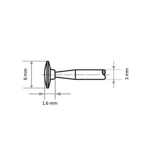 D21 specjalny kształt - kamień montowany do stali/żeliwa 8×1.6 mm trzpień 3 mm | tlenek glinu różowy ziarnistość 100 - obrazek 3